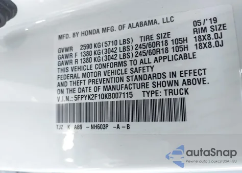 2019 Honda Ridgeline Sport из США, поврежденный, VIN 5FPYK2F10KB007115